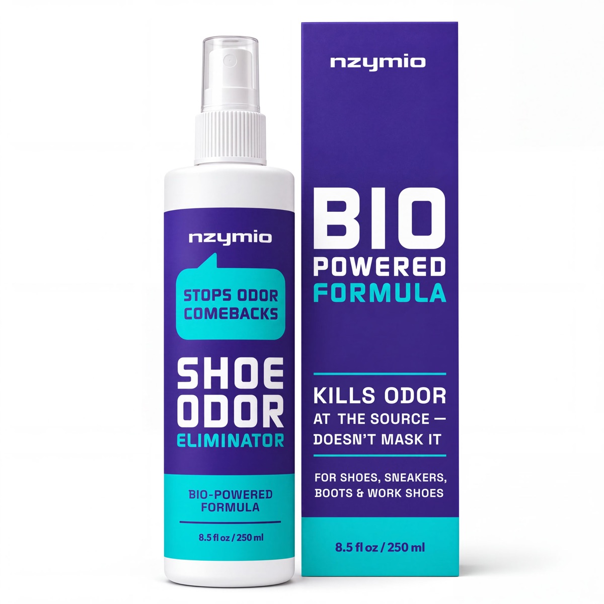 nzymio Shoe Odor Eliminator 8.5 fl oz spray bottle next to its box
